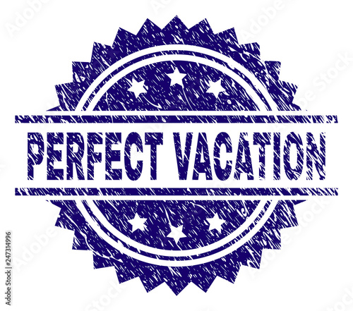 PERFECT VACATION stamp seal watermark with distress style. Blue vector rubber print of PERFECT VACATION title with unclean texture.