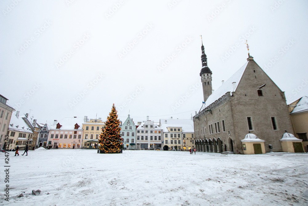 Main square of tallin with snow during Christmas. tourism in estonia in winter