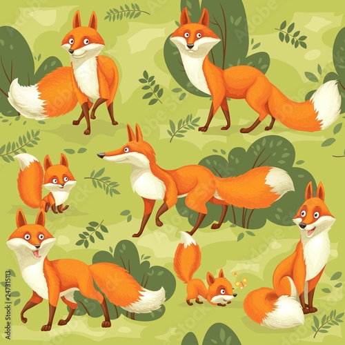 Seamless pattern from cute cartoon orange foxes on green background