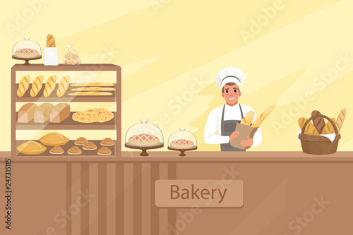 Bakery shop illustration with baker character next to a showcase with pastries. Young man standing behind the counter. Vector store background with design elements set.