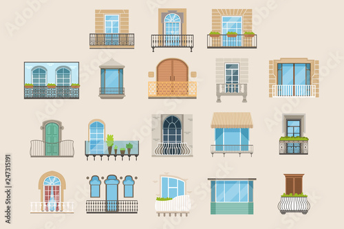 Set of colorful beautiful balconies. Vintage, modern and decorative forged balconies. Flat vector illustrations, architecture exterior building design element.