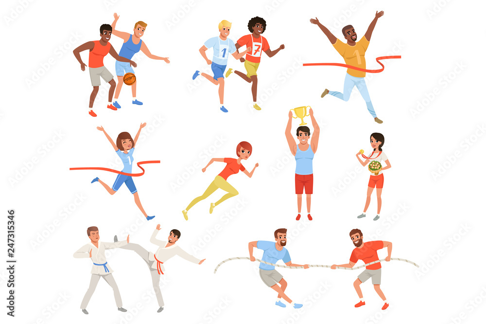 Flat sports people taking part in different competition. Basketball players, karate fighters, tug of war, athletes crosses finish line red ribbon, man and woman with trophies Flat sports people taking part in different competition. Basketball players, karate fighters, tug of war, athletes crosses finish line red ribbon, man and woman with trophies
