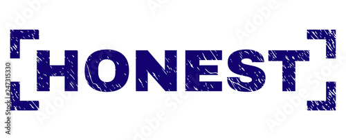 HONEST label seal print with grunge texture. Text caption is placed between corners. Blue vector rubber print of HONEST with unclean texture.
