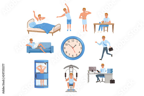 Man in different situations. Day time. Waking up, doing exercises, brushing teeth, eating, resting on sofa, running on work, taking shower, training at gym, working. Flat vector