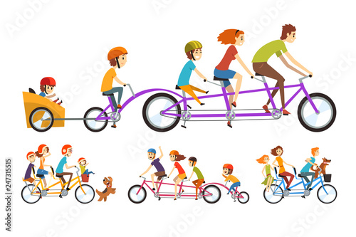 Two happy families riding on tandem bicycles with three seats and basket. Parenting concept. Recreation with kids. Cartoon people characters. Flat vector design