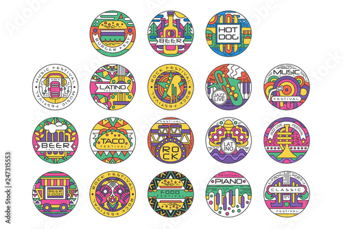 Food festival logo set, Burger Fest, Beer Festival, Hot Dog, Tako Festival, Rock food and music round labels or stickers vector Illustrations
