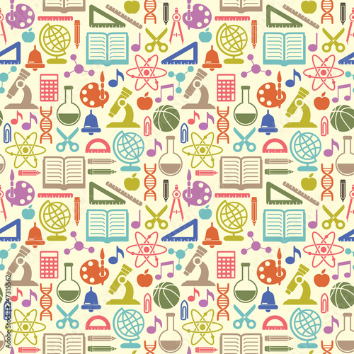 Seamless vector school background. Education pattern with modern flat style icons.
