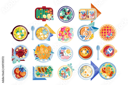 Food icon set. Plates with different dishes green salad, soup with boiled eggs, pancakes, sandwiches, fish with lemon, mashed potatoes with chicken, cranberry pie. Flat vector