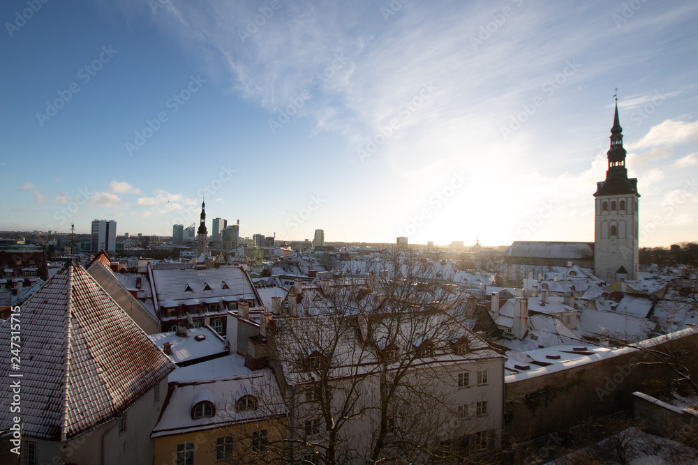 panorama of the city of Tallinn in Estonia during the winter covered with snow. winter tourism in Estonia and the Baltic countries