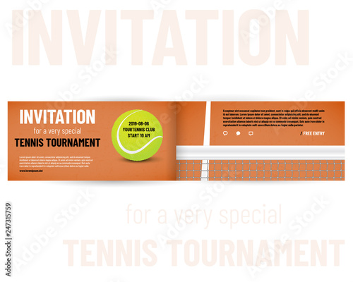 Tennis tournament invitation template with ball, net and sample text