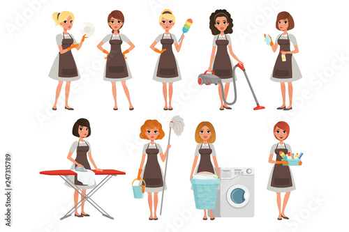 Set of housewives with different equipment. Housekeeper. Cleaning service. Pretty women wearing gray dresses and brown aprons. Cartoon young girls. Flat vector design
