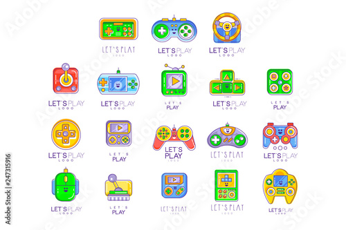 Game gadget collection in line style. Colorful gameplay, joystick, gaming controller. Vector let s play logo