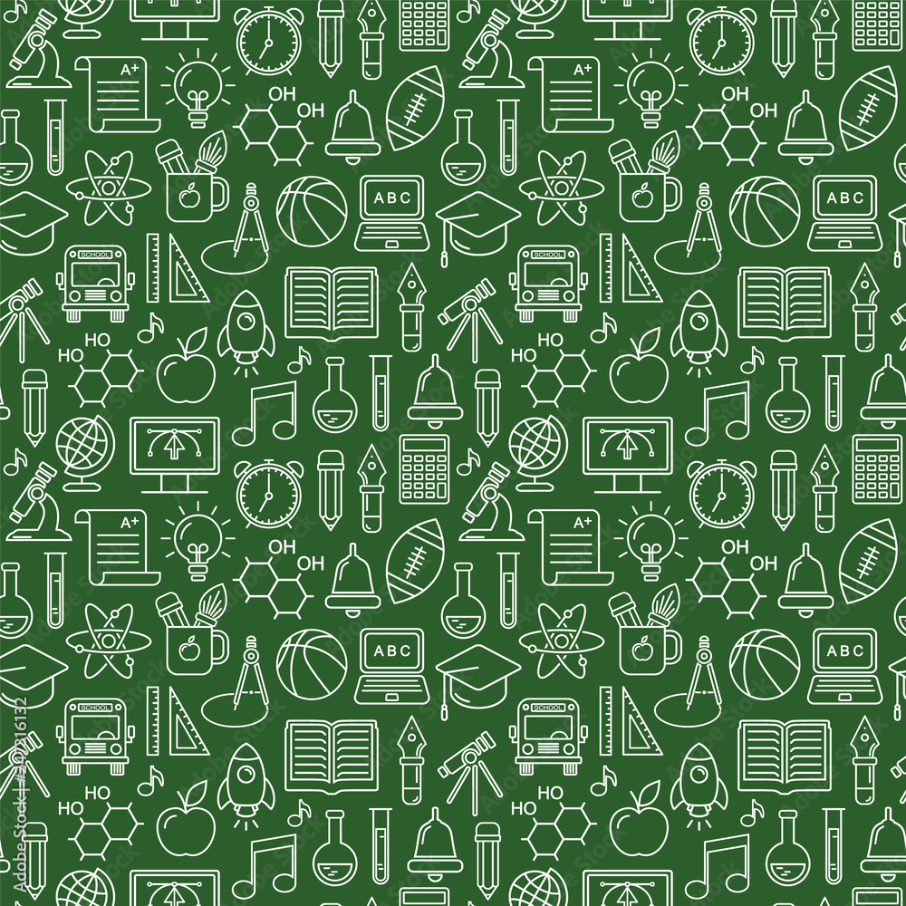 Seamless vector school background. Education pattern with modern line style outline  icons.