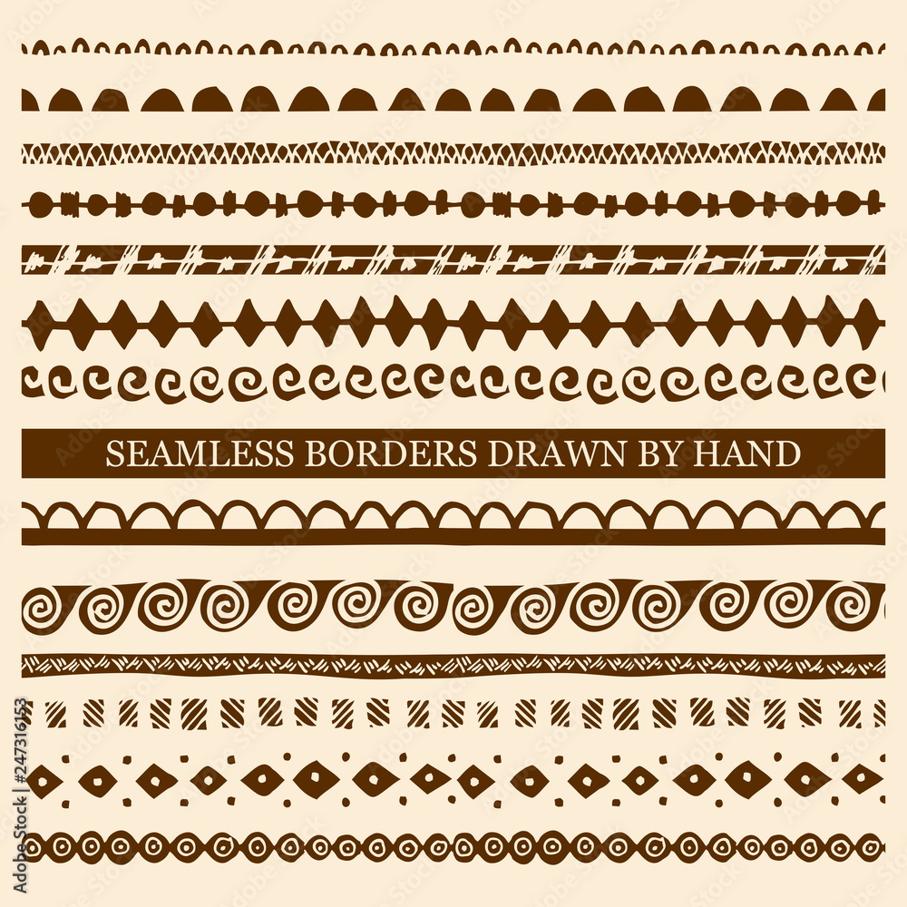 Vector set of hand drawn seamless borders made with ink. Freehand textures for fabric, polygraphy, web design. Vector set of hand drawn seamless borders made with ink. Freehand textures for fabric, polygraphy, web design.