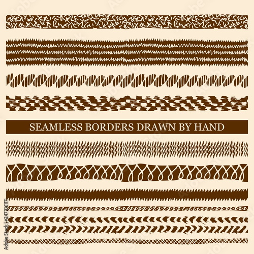 Bild auf Leinwand Vector set of hand drawn seamless borders made with ink