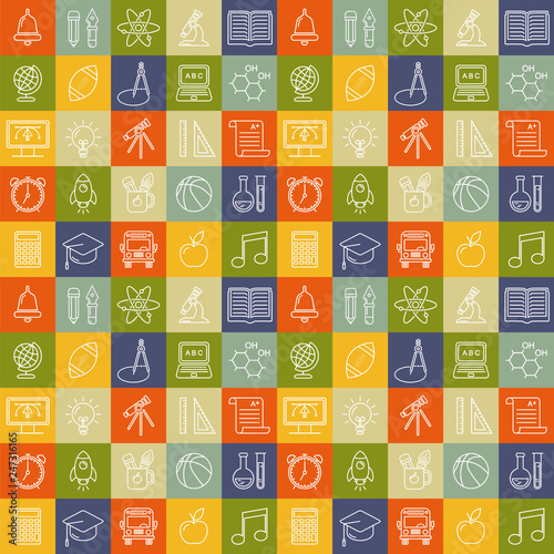 Seamless vector school background. Education pattern with modern line style outline  icons.