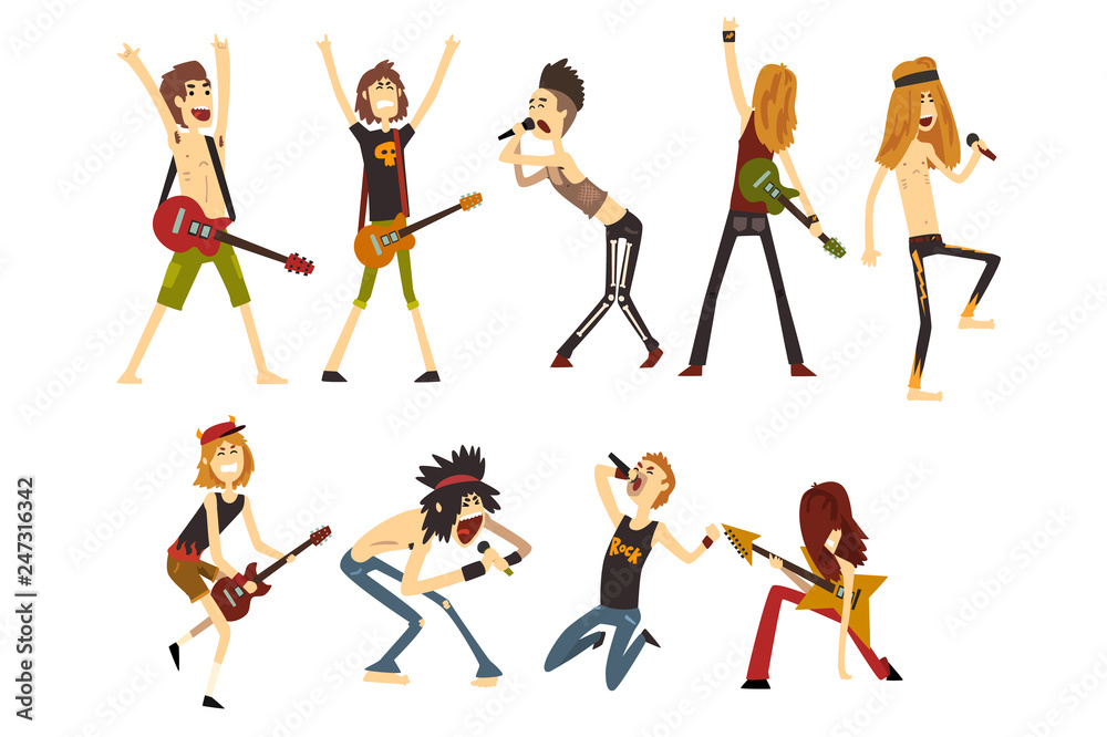 Fototapeta premium Rock artists characters set. Young musicians with electric guitars and microphones. Cartoon people in different poses. Musical band. Flat vector design