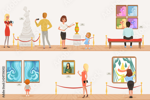 Cartoon characters people visitors in art museum. Paintings  butterflies collection and sculptures in the gallery. Cultural activities concept. Vector vertical flat banners