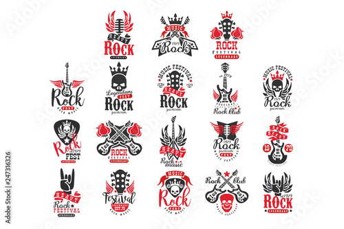 Set of vintage rock logos. Original monochrome emblems with guitars, skulls, roses, retro microphones, crowns and wings. Flat vector design for music festival