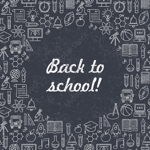 Vector school background. Education pattern with modern line style outline icons.