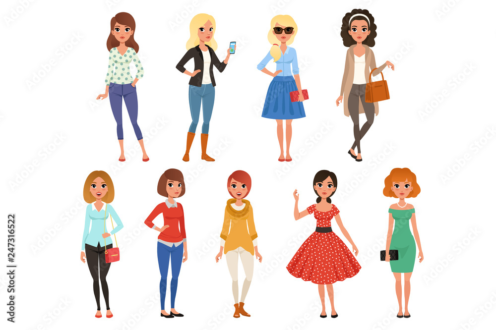 Set of attractive girls in fashionable casual clothes with accessories. Full-length of cartoon female characters with cheerful face expressions. Flat vector design Set of attractive girls in fashionable casual clothes with accessories. Full-length of cartoon female characters with cheerful face expressions. Flat vector design