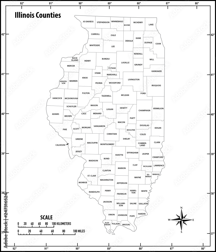 Illinois state outline administrative and political vector map in black and white