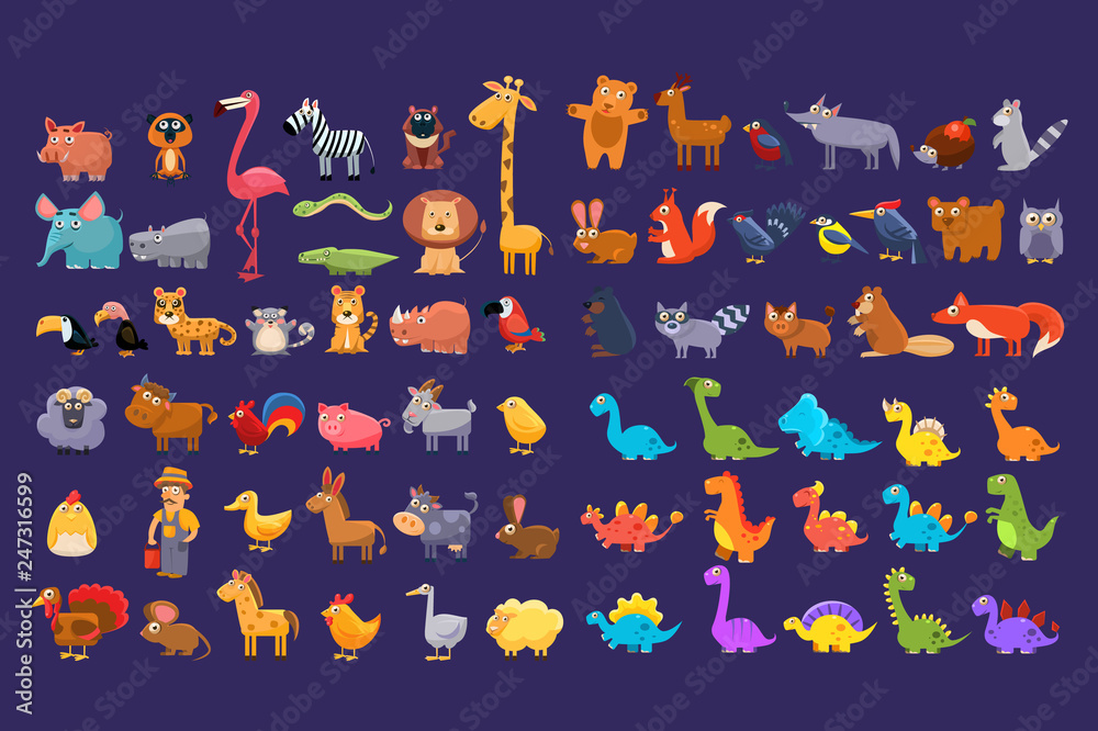 Cartoon collection of funny animals. Colorful elements for children s book, education card, mobile game or sticker. Wildlife concept. Flat vector design - obrazy, fototapety, plakaty 