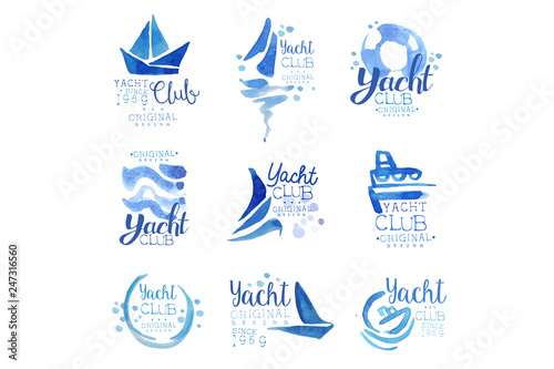 Yacht club since 1969 logo original design set, elements company logo, business identity blue watercolor vector Illustrations
