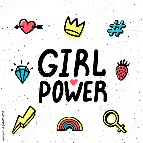 Girl power card. Girl Power hand drawing inscription and colorful icons. Vector illustration