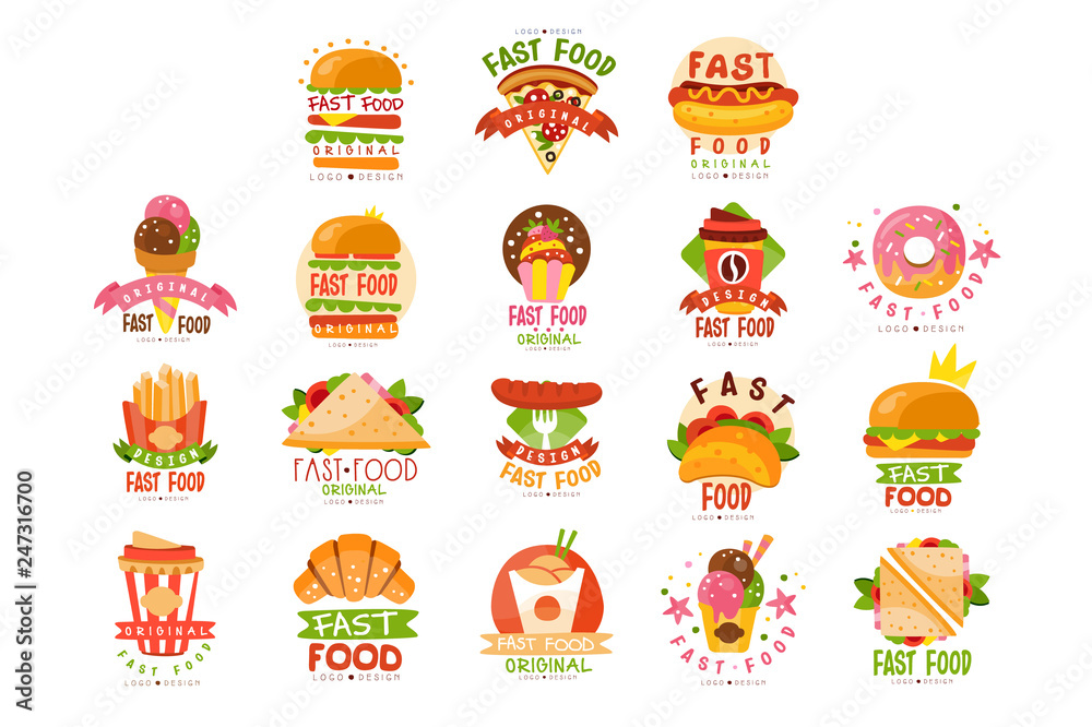 Fast food logos set, food and drink menu, burger, hot dog, pizza, taco, coffee, donut, sandwich, ice cream cone vector Illustrations