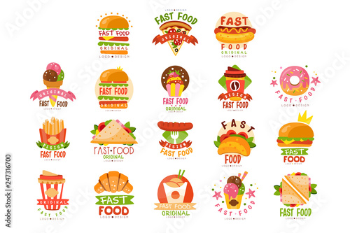 Fast food logos set, food and drink menu, burger, hot dog, pizza, taco, coffee, donut, sandwich, ice cream cone vector Illustrations