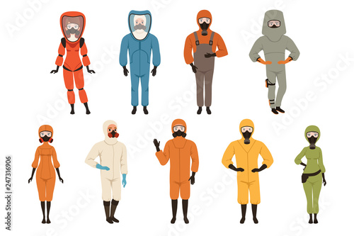 Protective suits set, different protective uniform equipment vector Illustrations isolated on a white background