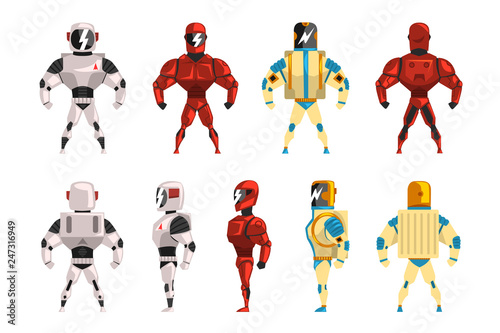 Robot ostumes set, superhero man vector Illustrations