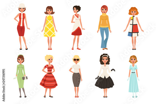 Young women wearing retro clothing set, vintage fashion people from 50s and 60s vector Illustrations