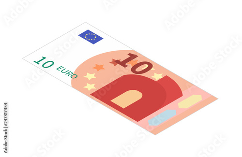 Flat ten euro banknote in isometric view on white