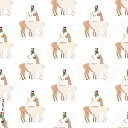 Llama under mistletoe seamless pattern