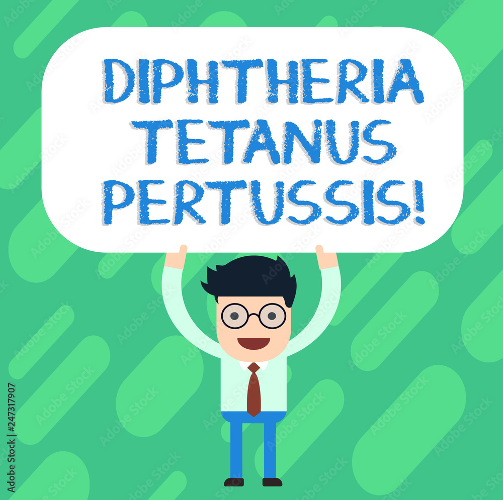 Handwriting text Diphtheria Tetanus Pertussis. Concept meaning vaccines against three infectious diseases Man Standing Holding Above his Head Blank Rectangular Colored Board Handwriting text Diphtheria Tetanus Pertussis. Concept meaning vaccines against three infectious diseases Man Standing Holding Above his Head Blank Rectangular Colored Board
