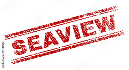 SEAVIEW seal print with distress style. Red vector rubber print of SEAVIEW tag with unclean texture. Text tag is placed between double parallel lines.