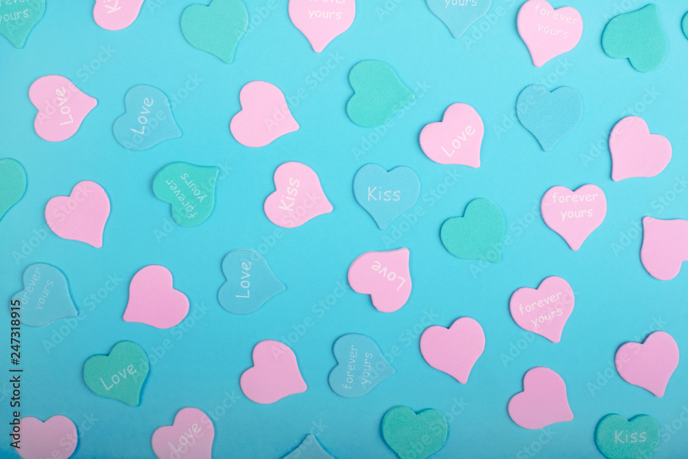 Elements of hearts on a blue background