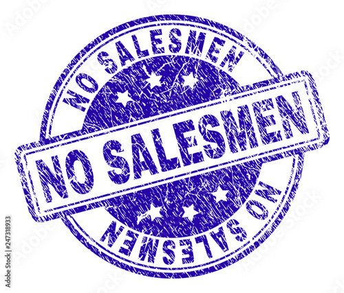 NO SALESMEN stamp seal imprint with grunge texture. Designed with rounded rectangles and circles. Blue vector rubber print of NO SALESMEN text with corroded texture.