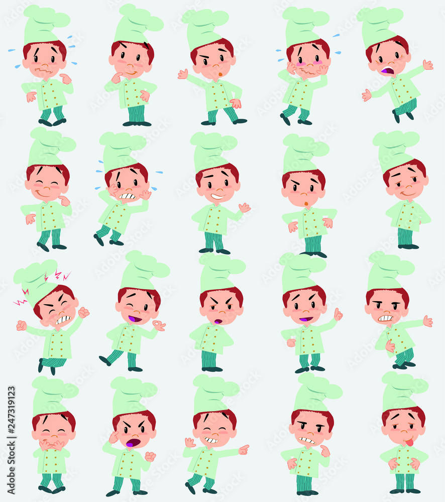 Cartoon character chef. Set with different postures, attitudes and poses, doing different activities in isolated vector illustrations. Cartoon character chef. Set with different postures, attitudes and poses, doing different activities in isolated vector illustrations.