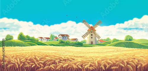 Rural summer landscape with the village and the mill and a large field of wheat. Raster illustration.