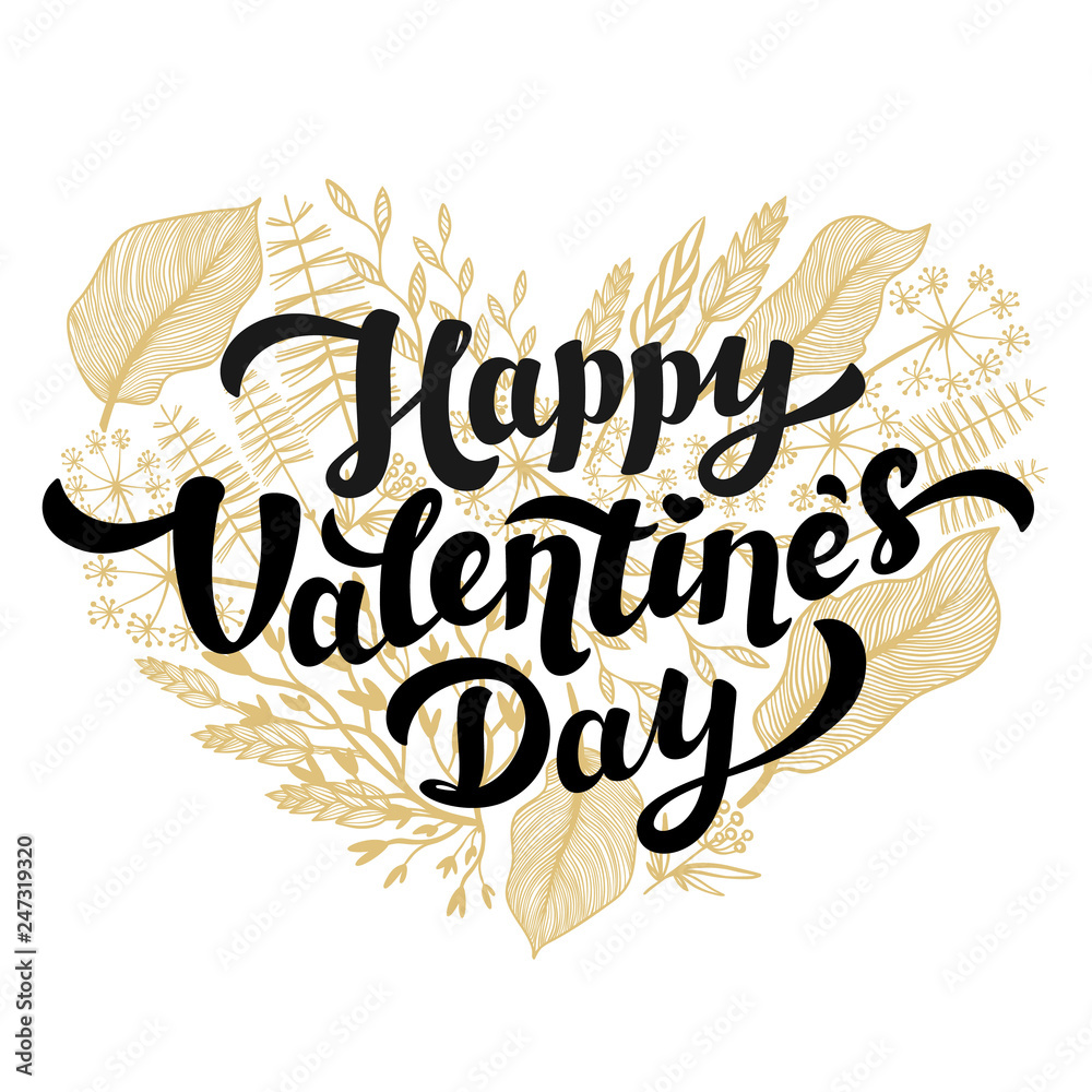 Obraz premium Valentines day card design. Lettering and heart shape gold Flowers wreath.