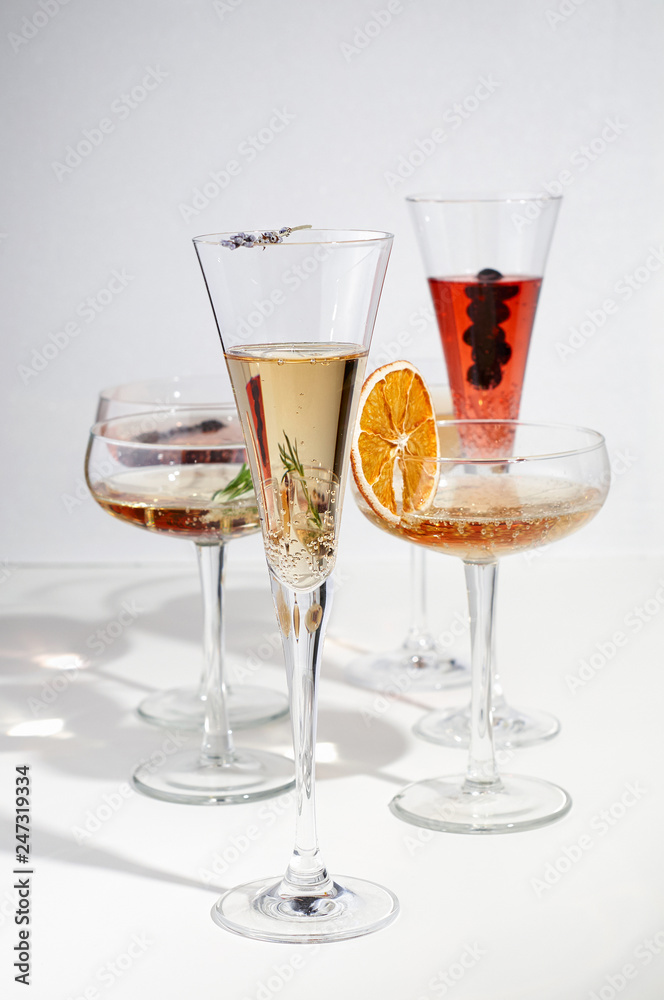 Six easy Champagne cocktails on white background