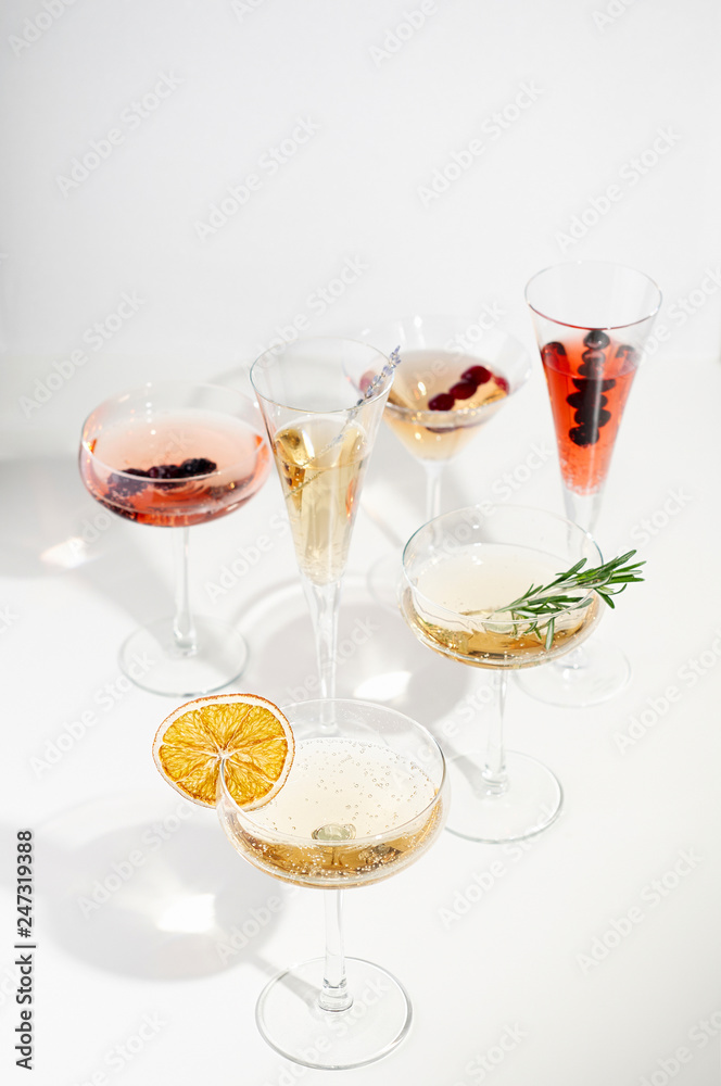 Six easy Champagne cocktails on white background