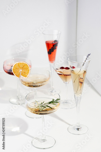 Six easy Champagne cocktails on white background