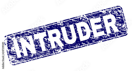 INTRUDER stamp seal print with grunge style. Seal shape is a rounded rectangle with frame. Blue vector rubber print of INTRUDER tag with corroded style.