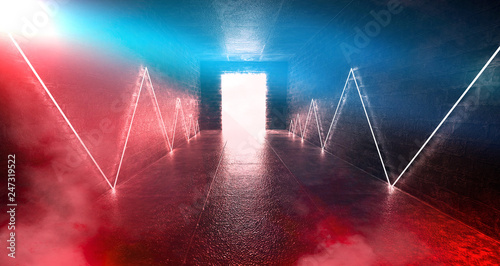 3d render  abstract background  tunnel  neon lights  virtual reality  arch  pink blue  vibrant colors  laser show  isolated on black. Dark room  corridor  tunnel with illumination on an empty concrete