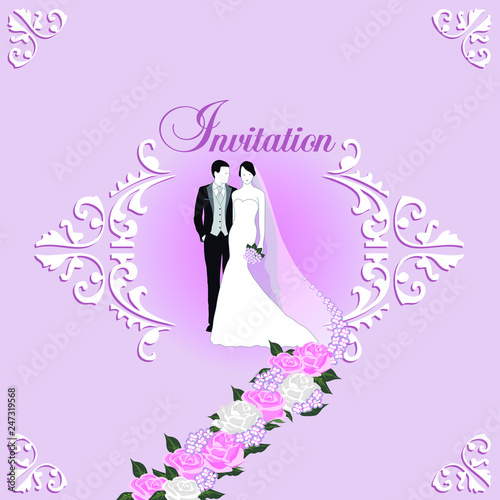 Carte d’invitation pour un mariage dans une harmonie de couleur rose parme. avec couple de mariés au milieu d’un cadre composé de volutes florales.