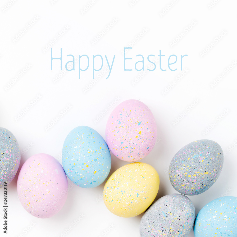 Background with pale pink, blue, yellow and gray Easter eggs. Compositions in pastel colors. Easter concept Background with pale pink, blue, yellow and gray Easter eggs. Compositions in pastel colors. Easter concept